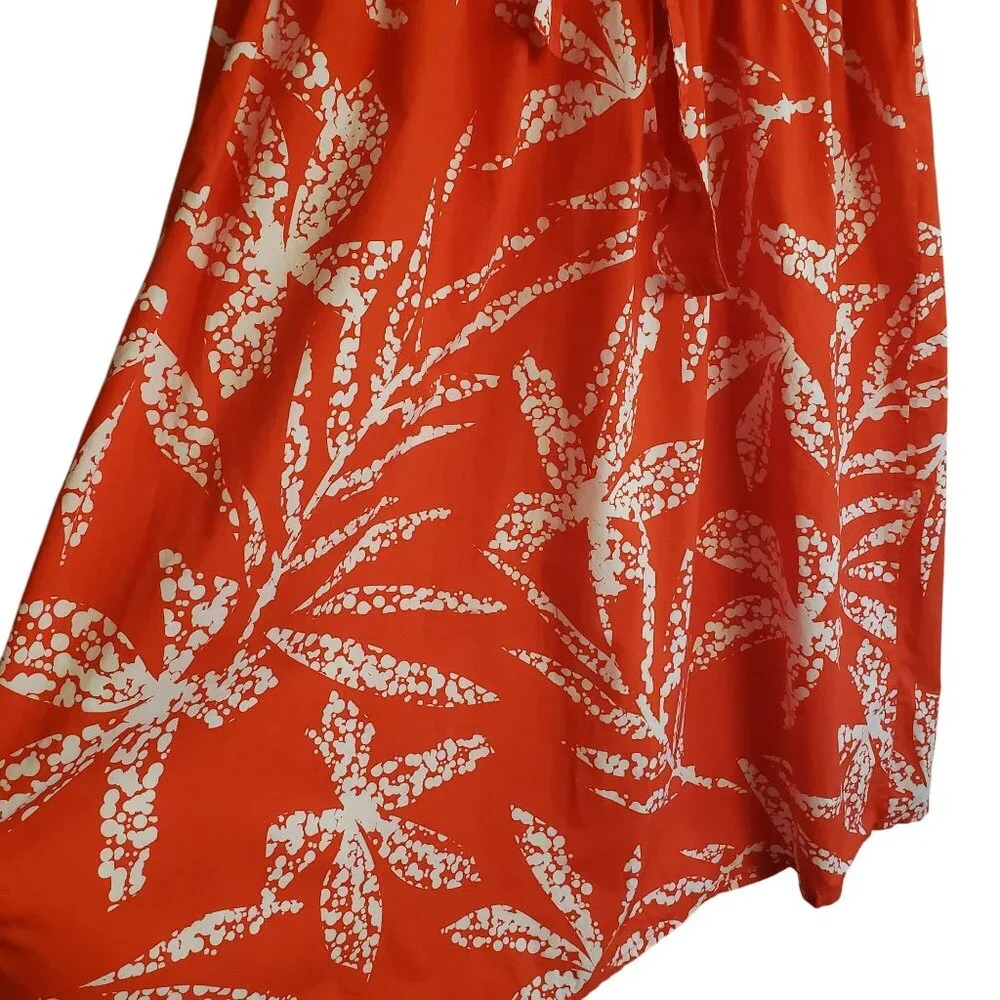 DKNY Red-Orange Print Shirt Dress 12 White Leaf Print Cotton Midi - Picture 7 of 12